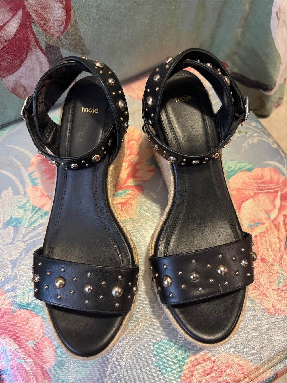 Maje Black Studded Espadrille Wedges
